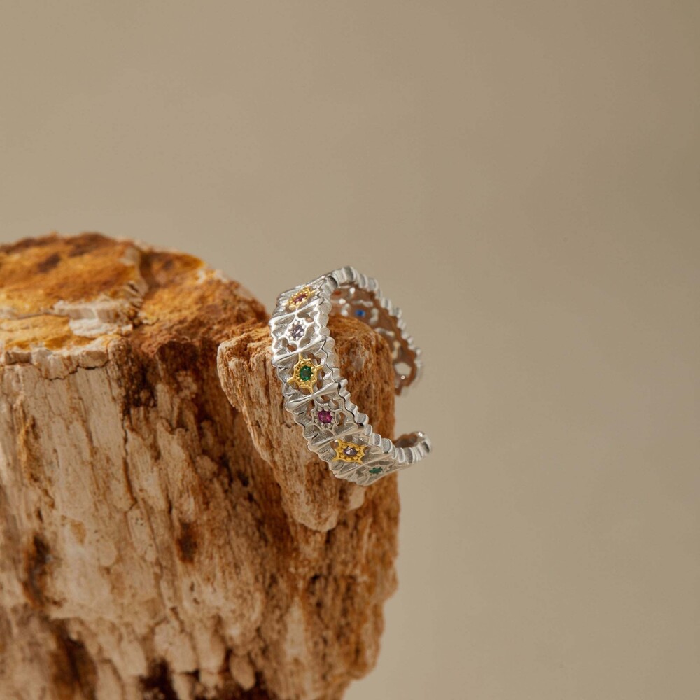 Sterling Silver Floral Multicolor Crystal Adjustable Ring Museori